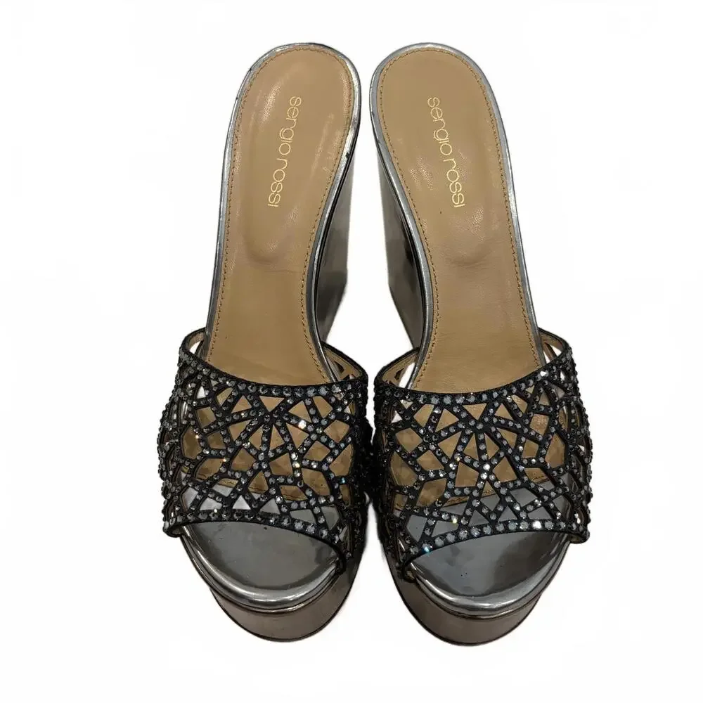 Sergio Rossi Swarovski Crystal Metallic Wedge Mules‎ Silver/Black 39.5 Italy